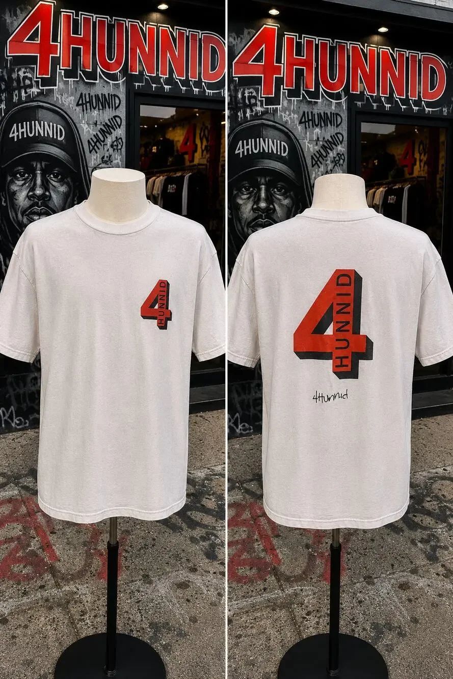 4HUNNID Medium Cream Graphic T-Shirt Big Back Logo Streetwear Tee